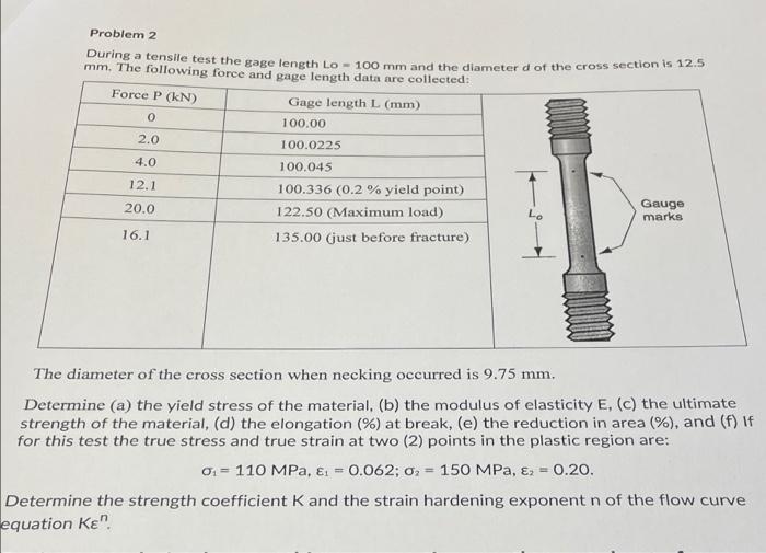 Problem 2 During A Tensile Test The Gage Length Lo 100 Mm And The Diameter D Of The Cross Section Is 12 5 Mm The Follow 1