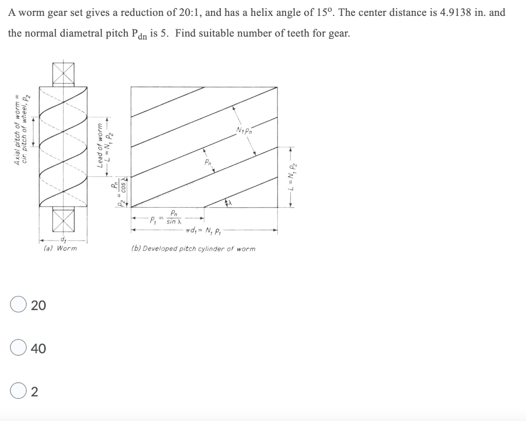 A Worm Gear Set Gives A Reduction Of 20 1 And Has A Helix Angle Of 15 The Center Distance Is 4 9138 In And The Norma 1