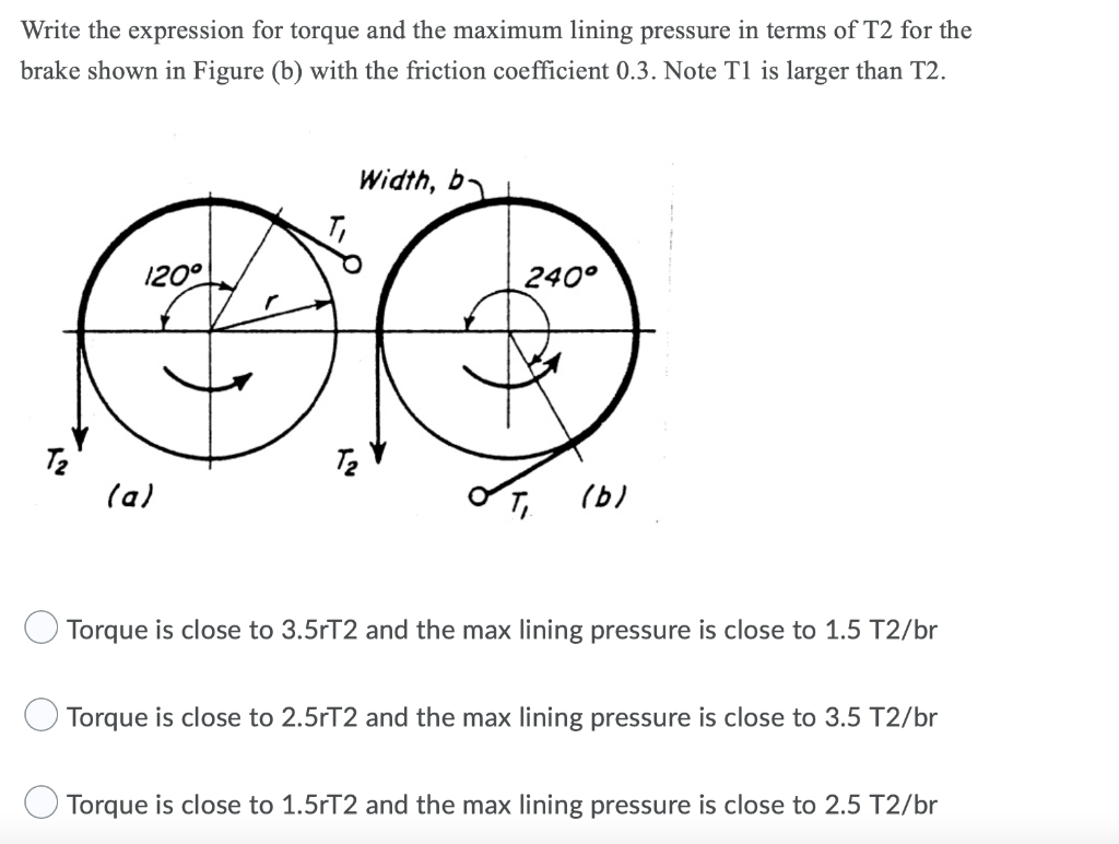 Write The Expression For Torque And The Maximum Lining Pressure In Terms Of T2 For The Brake Shown In Figure B With Th 1