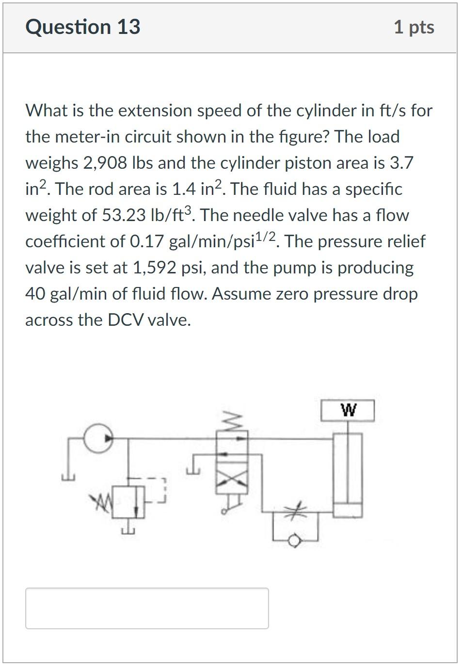 Question 13 1 Pts What Is The Extension Speed Of The Cylinder In Ft S For The Meter In Circuit Shown In The Figure The 1