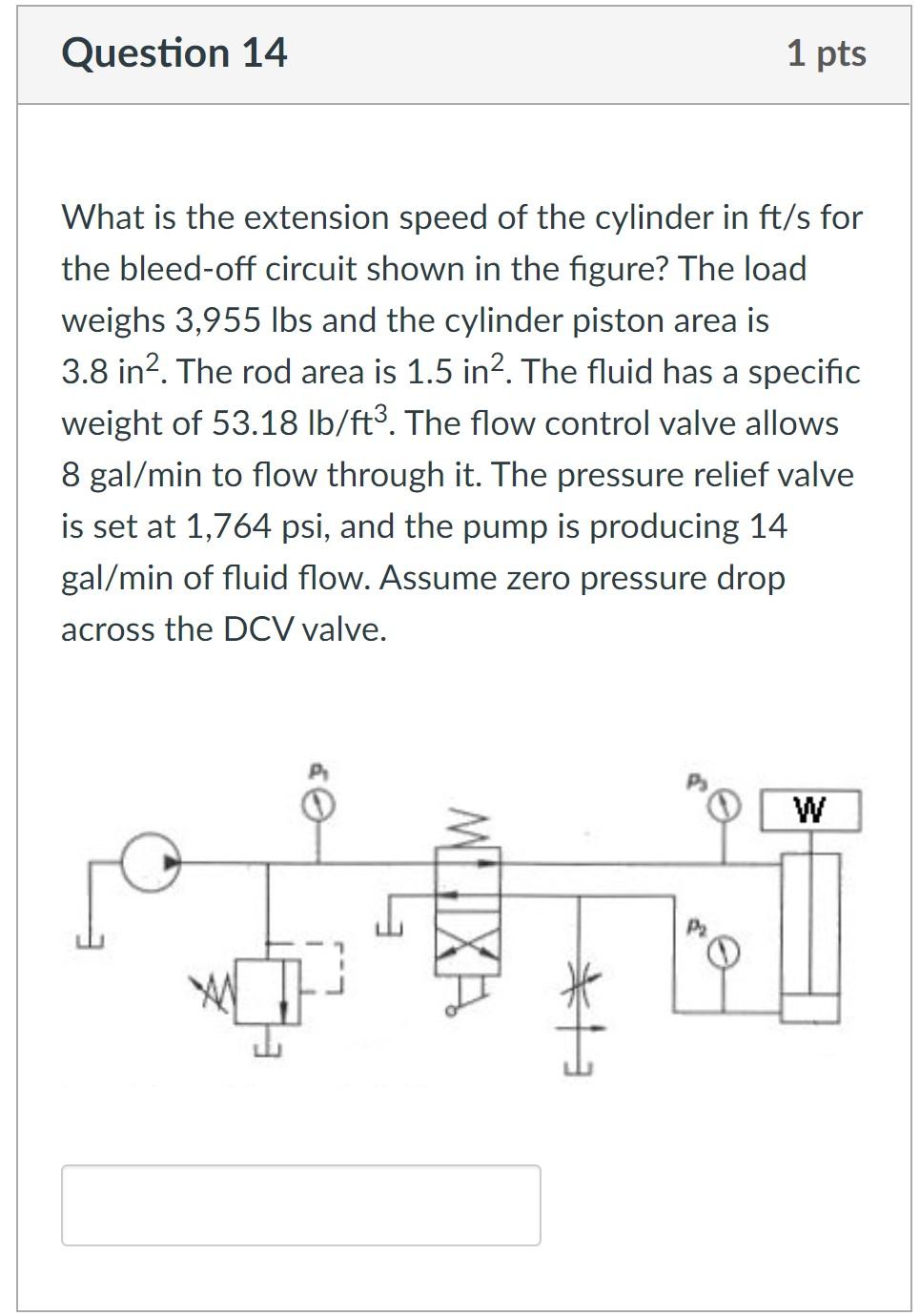 Question 14 1 Pts What Is The Extension Speed Of The Cylinder In Ft S For The Bleed Off Circuit Shown In The Figure The 1