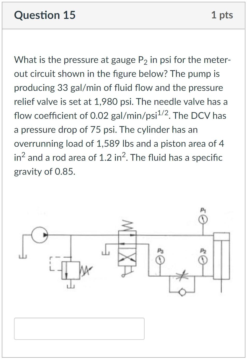 Question 15 1 Pts What Is The Pressure At Gauge P2 In Psi For The Meter Out Circuit Shown In The Figure Below The Pump 1