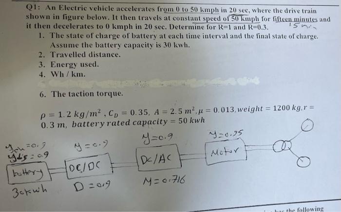 Q1 An Electric Vehicle Accelerates From 0 To 50 Kmph In 20 Sec Where The Drive Train Shown In Figure Below It Then Tr 1