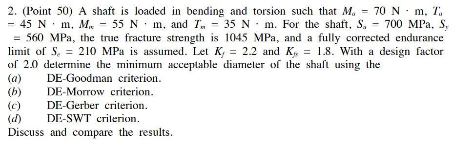 2 Point 50 A Shaft Is Loaded In Bending And Torsion Such That Ma 70 Nm Ta 45 Nm Mm 55 Nm And Tm 35 N M Fo 1