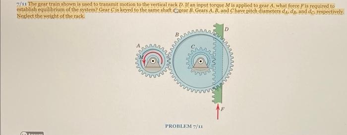 7 11 The Gear Train Shown Is Used To Transmit Motion To The Vertical Rack D If An Input Torque M Is Applied To Gear A 1