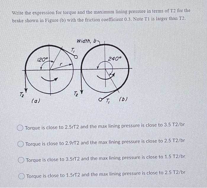 Write The Expression For Torque And The Maximum Lining Pressure In Terms Of T2 For The Brake Shown In Figure B With Th 1