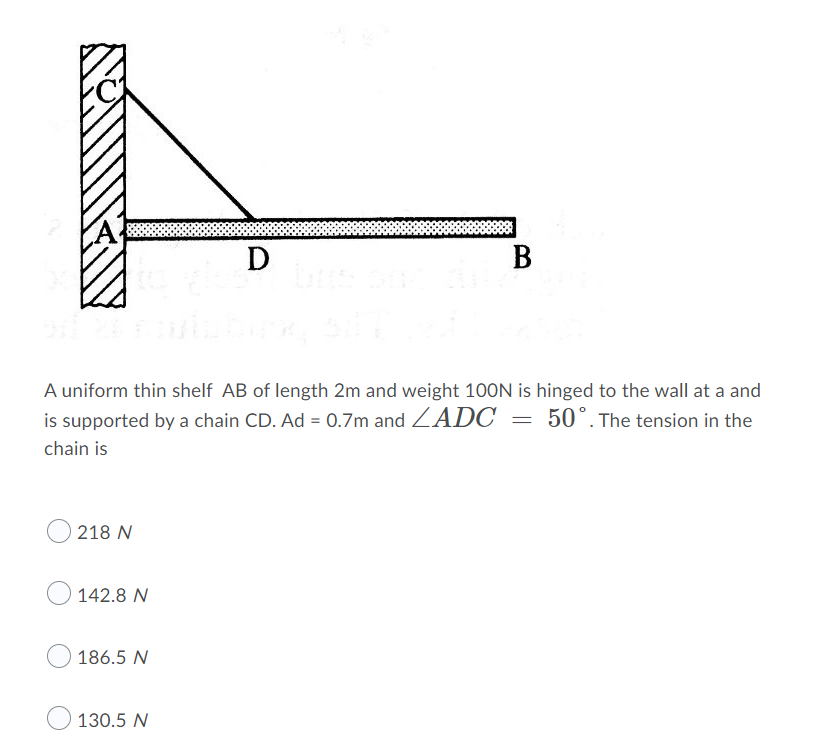 A D B A Uniform Thin Shelf Ab Of Length 2m And Weight 100n Is Hinged To The Wall At A And Is Supported By A Chain Cd Ad 1