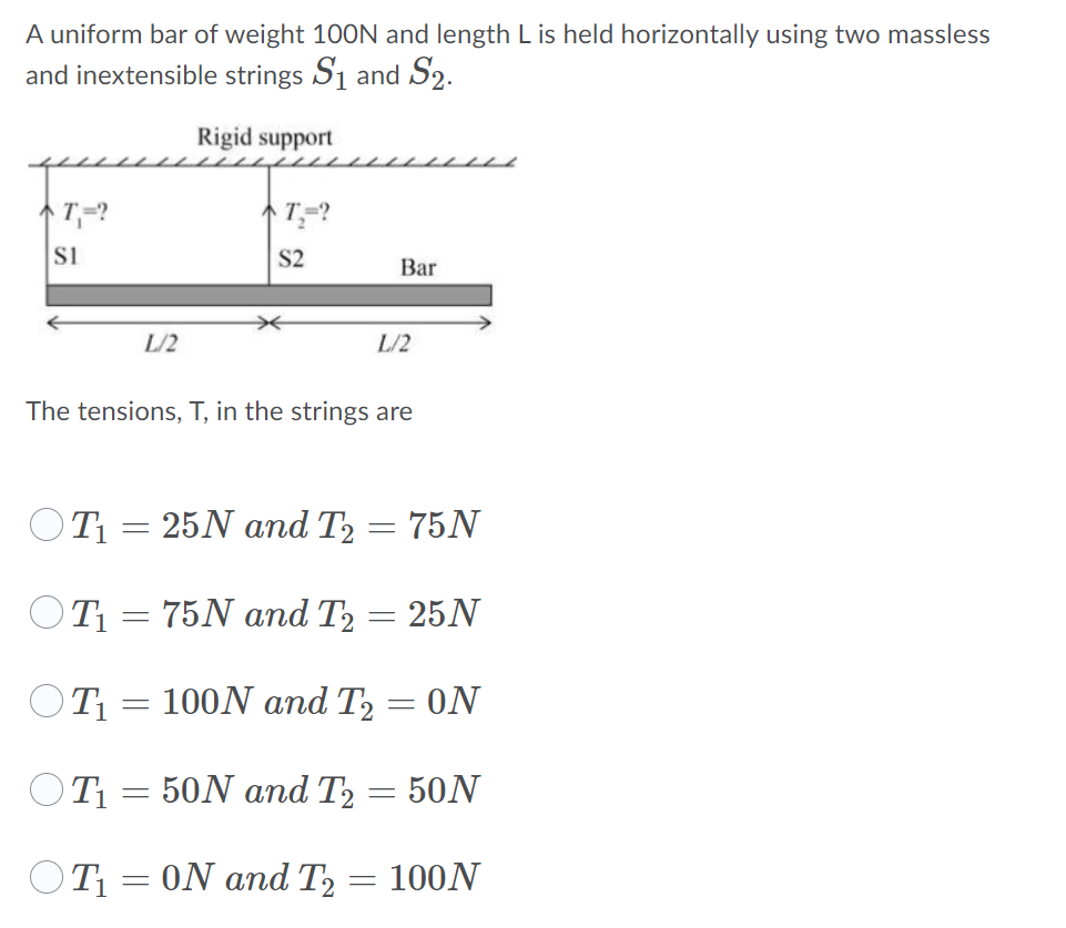 A Uniform Bar Of Weight 100n And Length L Is Held Horizontally Using Two Massless And Inextensible Strings S And 2 Ri 1