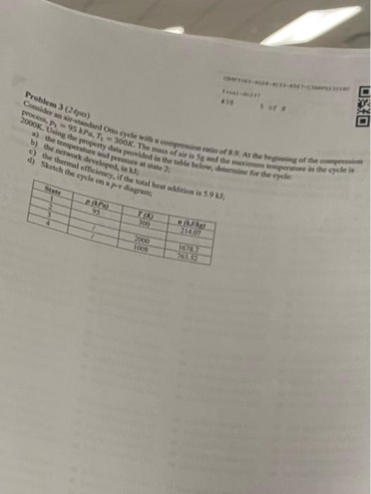 Problem 3 24pm Consider An Air Standard Onto Cycle With A C Process P 95 Kpa T 300k The 2000k Using The Property 1