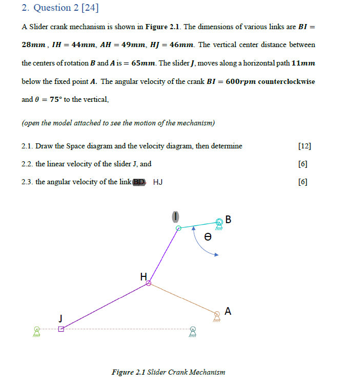 2 Question 2 24 A Slider Crank Mechanism Is Shown In Figure 2 1 The Dimensions Of Various Links Are Bi 28mm Ih 1