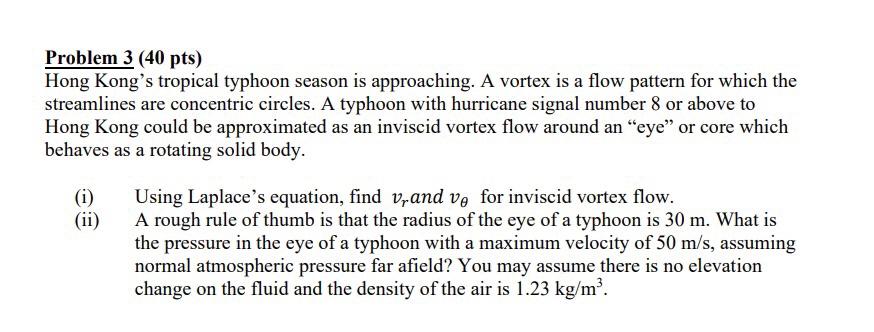Problem 3 40 Pts Hong Kong S Tropical Typhoon Season Is Approaching A Vortex Is A Flow Pattern For Which The Streamli 1