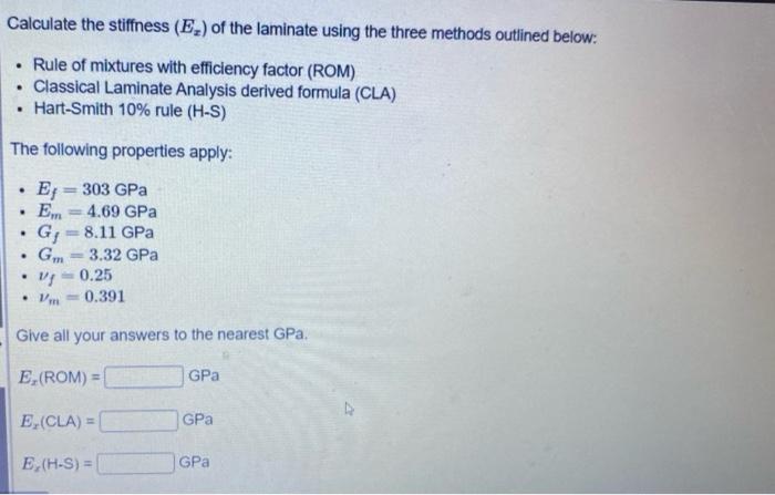 Calculate The Stiffness E Of The Laminate Using The Three Methods Outlined Below Rule Of Mixtures With Efficiency 1