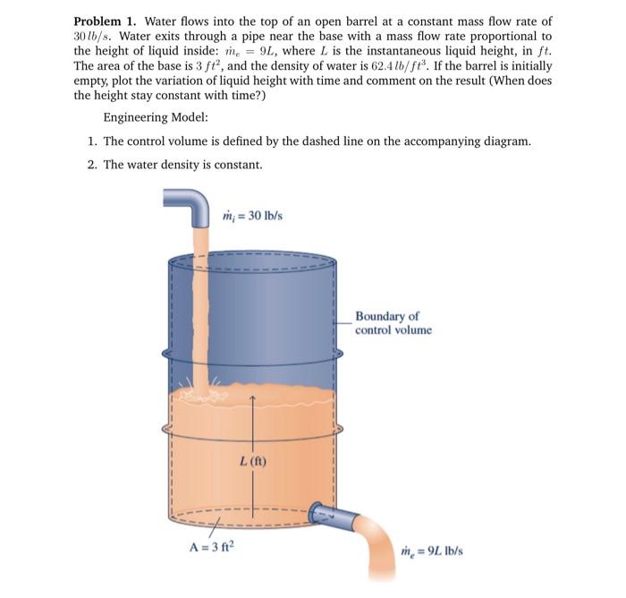 Problem 1 Water Flows Into The Top Of An Open Barrel At A Constant Mass Flow Rate Of 30 Lb S Water Exits Through A Pip 1