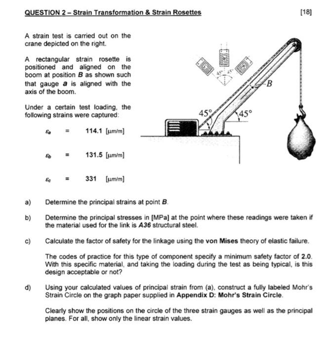 Question 2 Strain Transformation Strain Rosettes A Strain Test Is Carried Out On The Crane Depicted On The Right A Re 1
