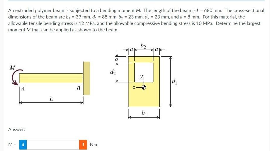 An Extruded Polymer Beam Is Subjected To A Bending Moment M The Length Of The Beam Is L 680 Mm The Cross Sectional D 1