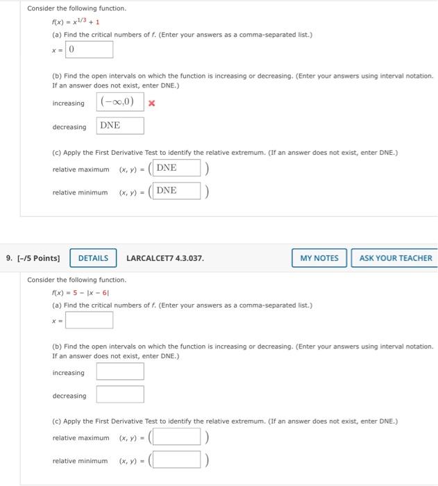 Consider The Following Function F X X1 3 1 A Find The Critical Numbers Of F Enter Your Answers As A Comma Separa 1