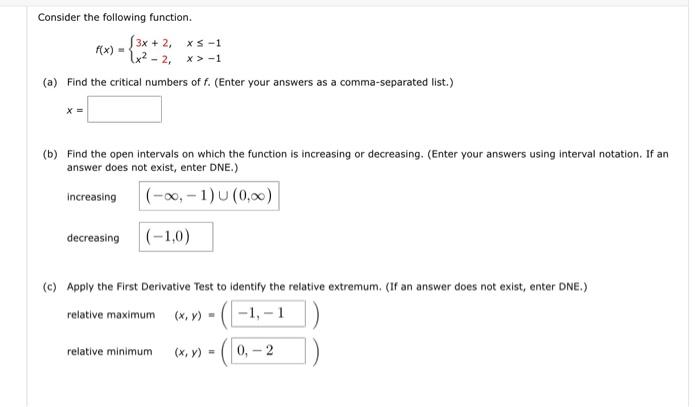 Consider The Following Function F X X1 3 1 A Find The Critical Numbers Of F Enter Your Answers As A Comma Separa 2