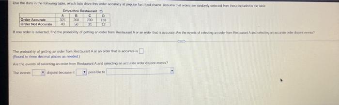 Use The Data In The Following Table Which Lists Drive Thru Order Accuracy At Popular Fast Food Chans Assume That Order 1