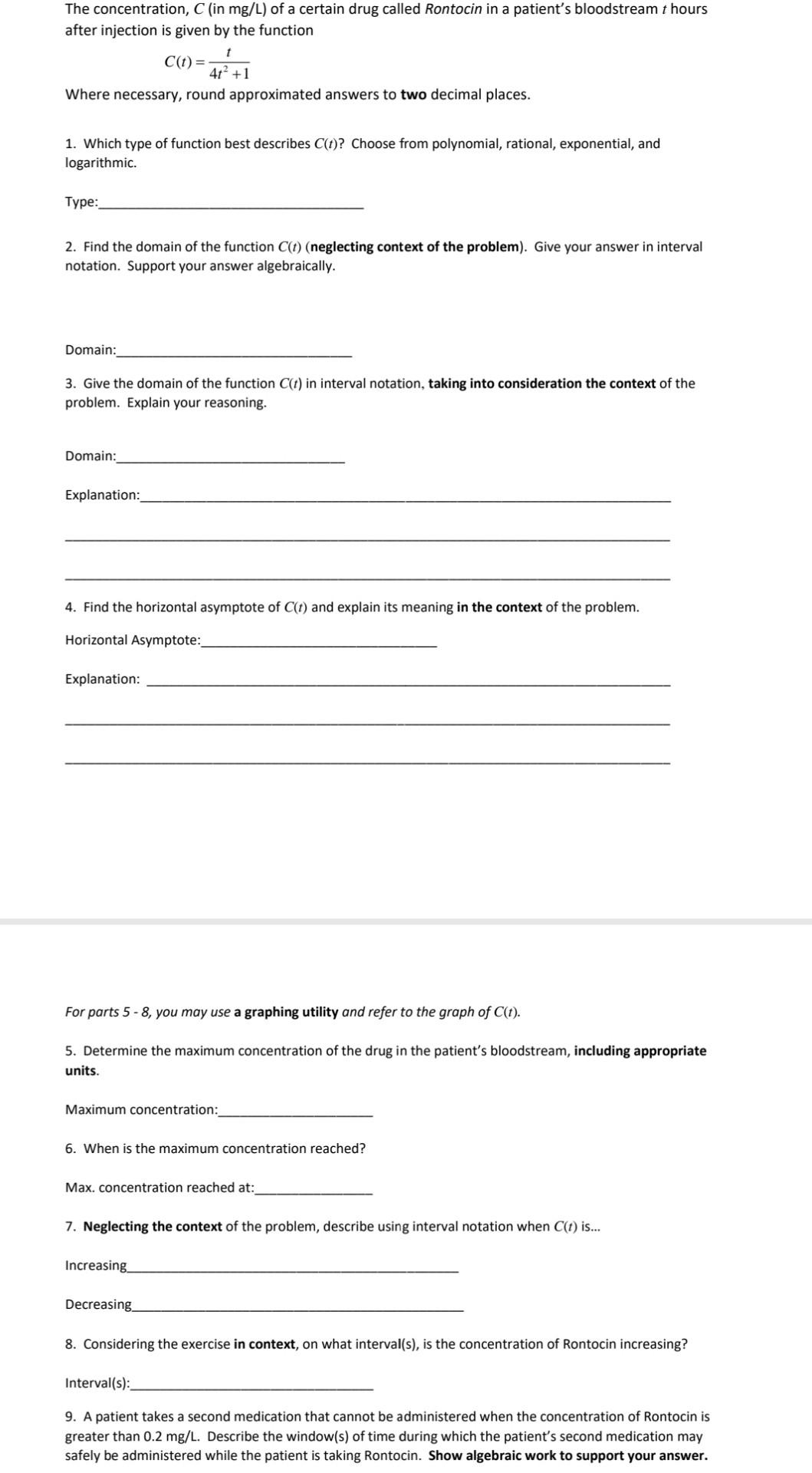 For Parts 5 8 You May Use A Graphing Utility And Refer To The Graph Of C T 5 Determine The Maximum Concentration O 2