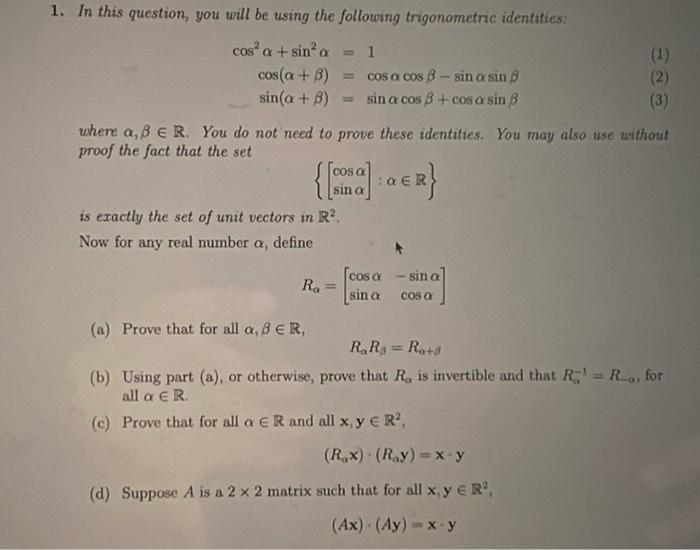 1 In This Question You Will Be Using The Following Trigonometric Identities 1 1 Cos A Sin A Cos X 3 2 C 1