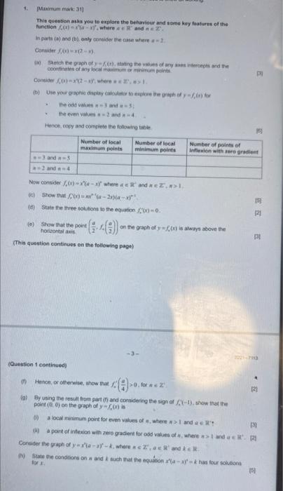 1 Maximum Mark 31 This Question Asks You To Explore The Behaviour And Some Key Features Of The Function Xa X Wher 1