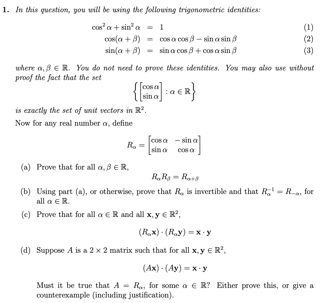 1 In This Question You Will Be Using The Following Trigonometric Identities Cos A Sin A 1 1 2 Cos A B 1