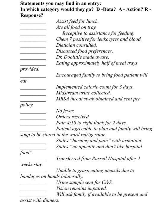 Statements You May Find In An Entry In Which Category Would They Go D Data A Action R Response Assist Feed For L 1