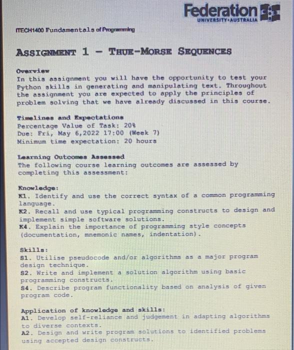 Federation University Australia Itech1400 Fundamentals Of Programming Assignment 1 Thue Morse Sequences Overview In Th 1