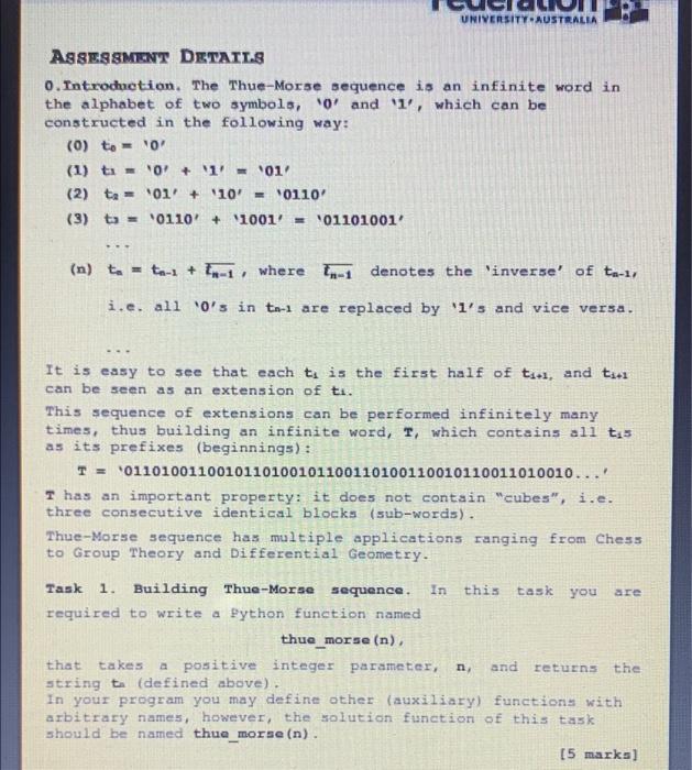 Federation University Australia Itech1400 Fundamentals Of Programming Assignment 1 Thue Morse Sequences Overview In Th 2