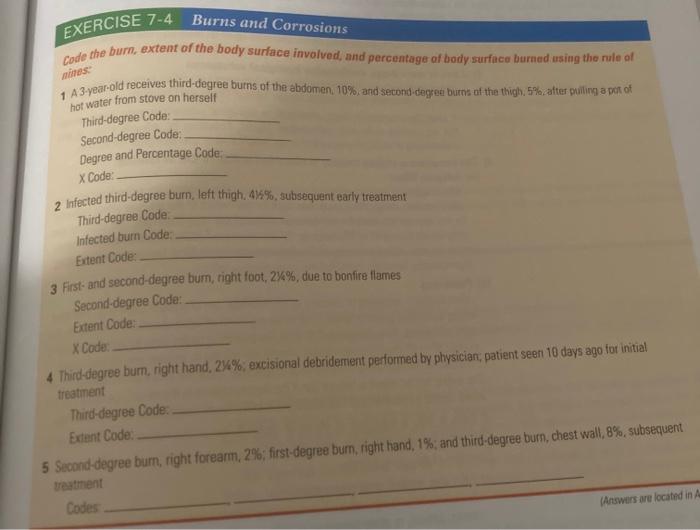 Burns And Corrosions Exercise 7 4 Code The Burn Extent Of The Body Surface Involved And Percentage Of Body Surface Bur 1