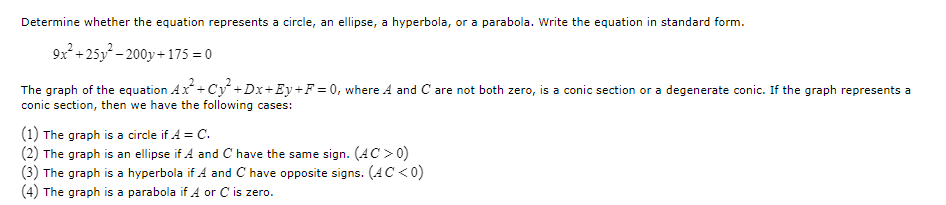 Determine Whether The Equation Represents A Circle An Ellipse A Hyperbola Or A Parabola Write The Equation In Standa 1