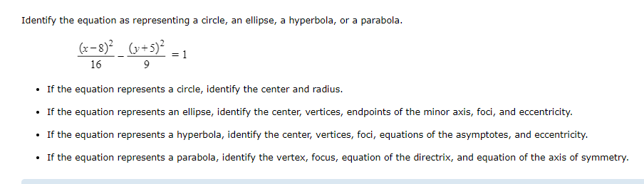 Identify The Equation As Representing A Circle An Ellipse A Hyperbola Or A Parabola X 8 16 5 9 If The Equa 1