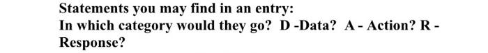 Statements You May Find In An Entry In Which Category Would They Go D Data A Action R Response No Fever Order 1