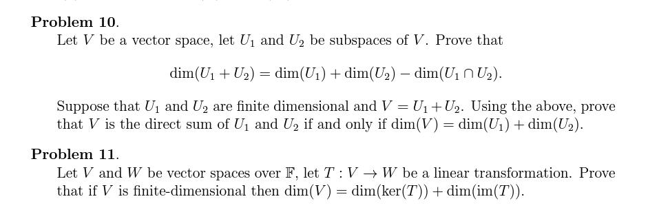 Problem 10 Let V Be A Vector Space Let U And U Be Subspaces Of V Prove That Dim U U Dim U Dim U Dim U 1