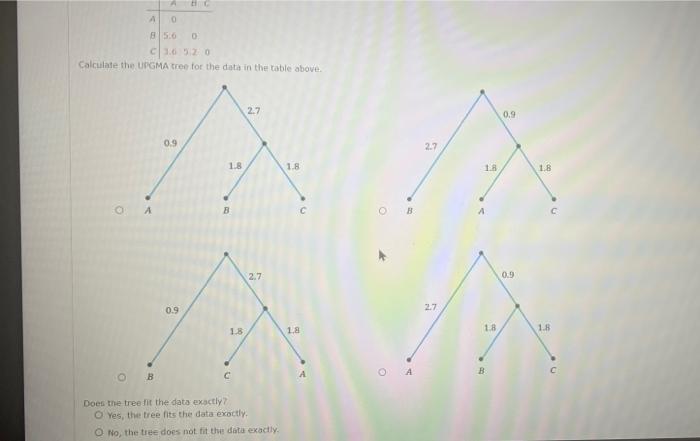 A 0 85 6 0 C 3 6 52 0 Calculate The Upgma Tree For The Data In The Table Above 2 7 0 9 A 0 9 1 8 B 1 8 2 7 B C Does Th 1
