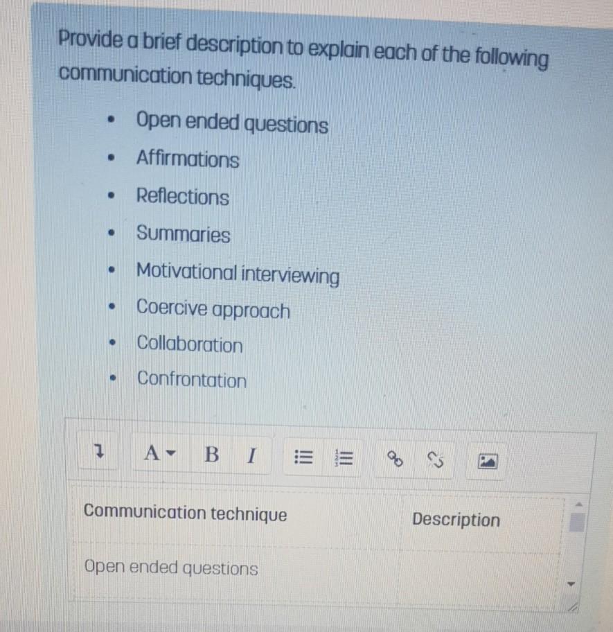 Provide A Brief Description To Explain Each Of The Following Communication Techniques Open Ended Questions Affirmations 1