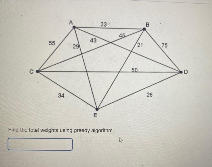 55 A 29 43 33 45 C 34 E Find The Total Weights Using Greedy Algorithm 4 27 21 50 B 26 75 D 1