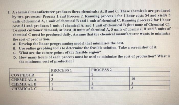 2 A Chemical Manufacturer Produces Three Chemicals A B And C These Chemicals Are Produced By Two Processes Process 1