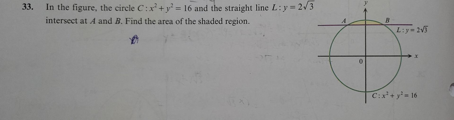 In The Figure The Circle C X Y 16 And The Straight Line L Y 2 3 Intersect At A And B Find The Area Of The Sh 2