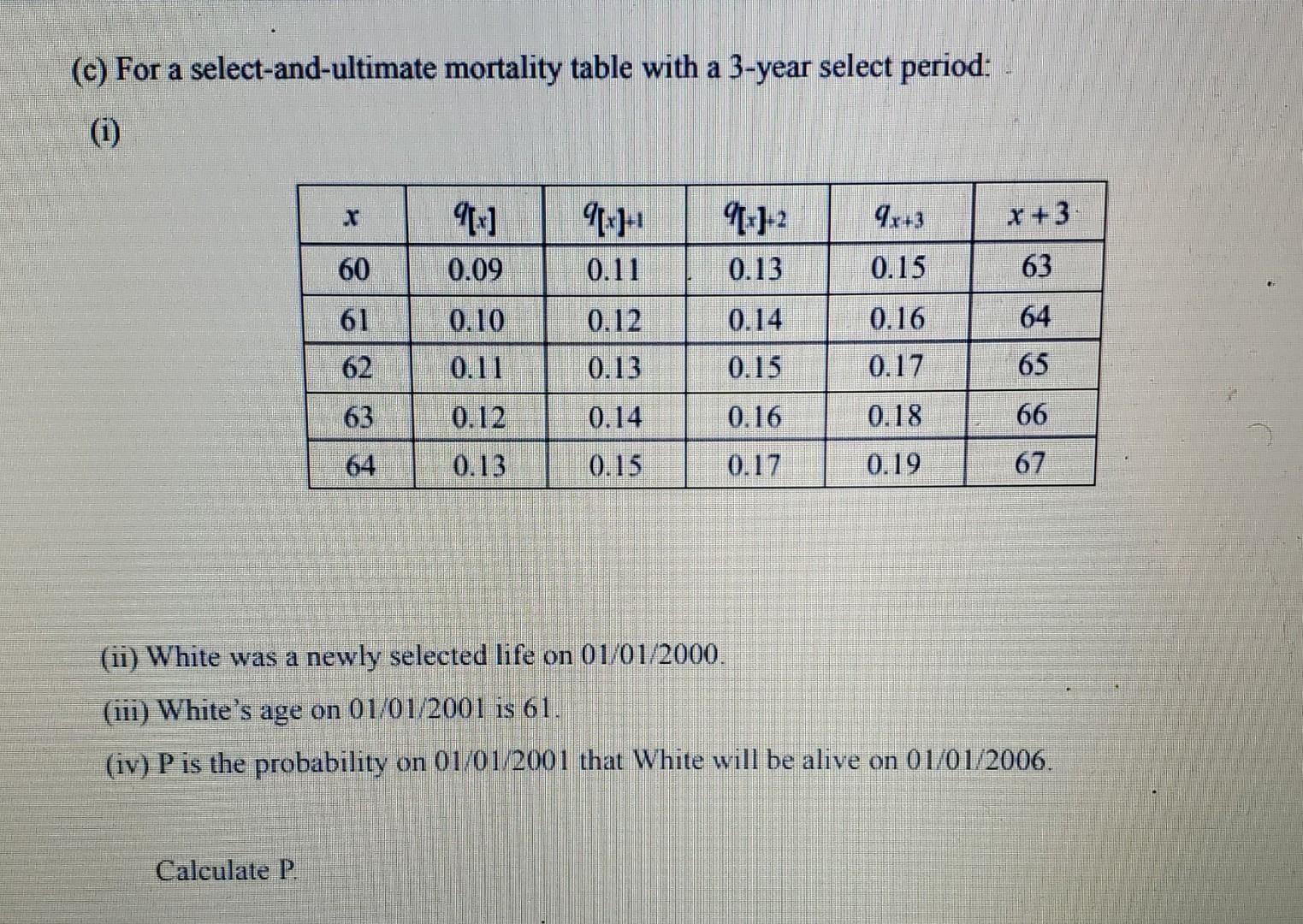 C For A Select And Ultimate Mortality Table With A 3 Year Select Period 1 X X 1 1 2 X 3 0 09 0 11 0 13 0 15 6 1