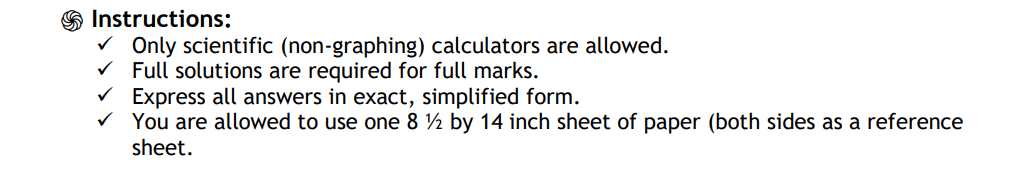 Instructions Only Scientific Non Graphing Calculators Are Allowed Full Solutions Are Required For Full Marks 1