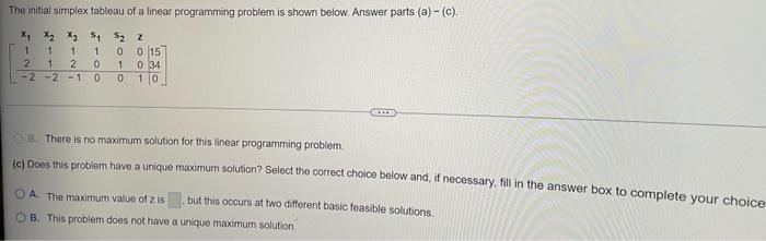 The Initial Simplex Tableau Of A Linear Programming Problem Is Shown Below Answer Parts A C X X X3 S S Z 1 1 1 1