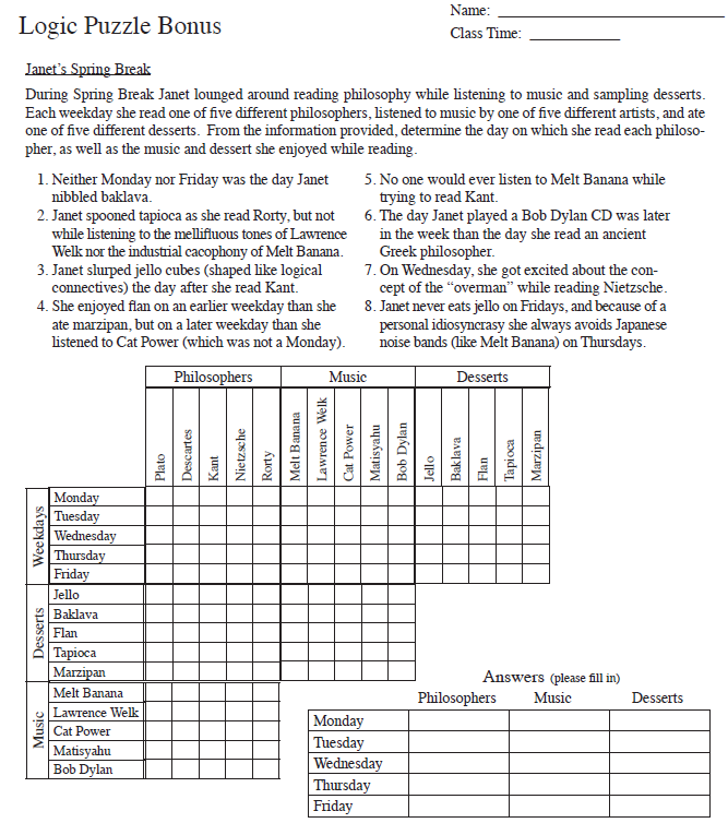 Logic Puzzle Bonus Name Class Time Janet S Spring Break During Spring Break Janet Lounged Around Reading Philosophy Wh 1