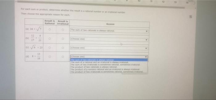 For Each Sum Of Product Determine Whether The Result Is A Rational Number Or An Rational Number Then Choose The Appropr 1