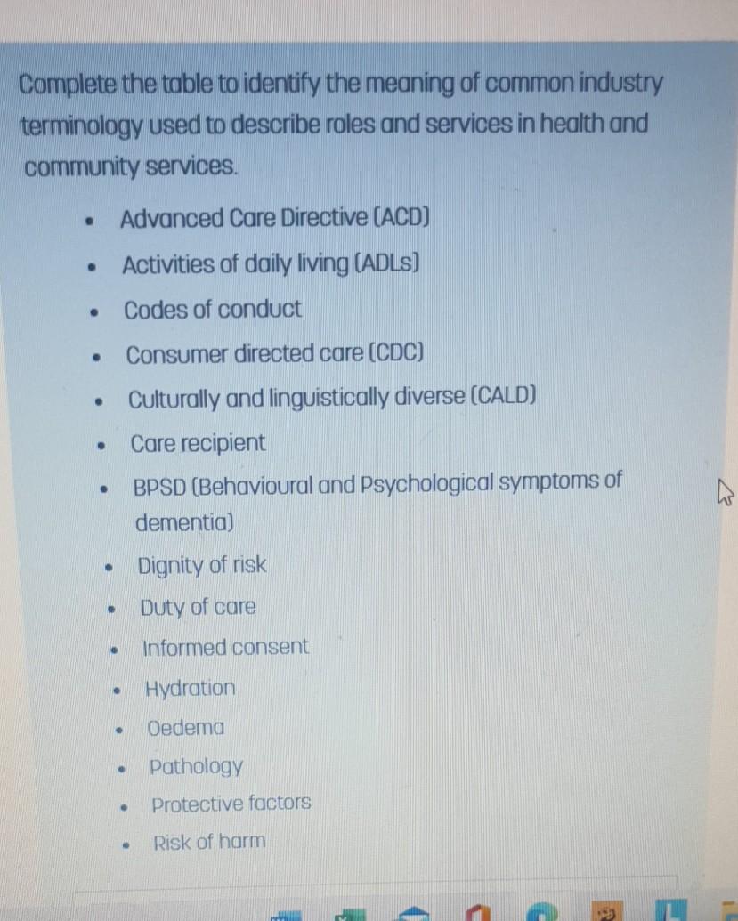 Complete The Table To Identify The Meaning Of Common Industry Terminology Used To Describe Roles And Services In Health 1