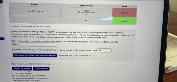 Entered Answer Preview Result 19x 1520 X 45 X 19x 1520 X Incorrect 60 60 Correct At Least One Of The Answers Above Is 1