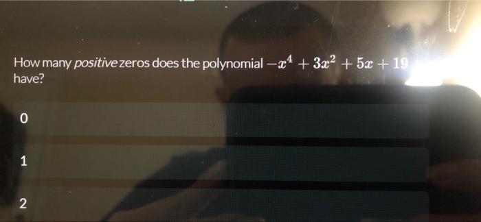 How Many Positive Zeros Does The Polynomial X 3x 5x 19 Have 0 1 2 1
