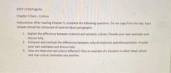 Socy 1150 Fogarty Chapter 3 Quiz Culture Instructions After Reading Chapter 3 Complete The Following Questions Do N 1