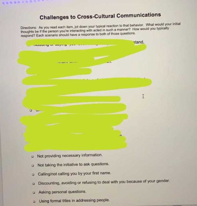 Challenges To Cross Cultural Communications Directions As You Read Each Item Jot Down Your Typical Reaction To That Be 1