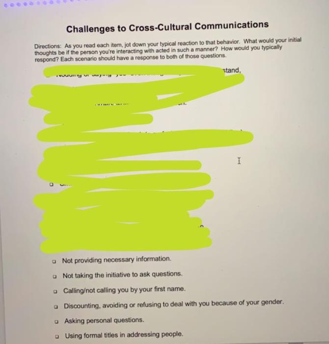 Challenges To Cross Cultural Communications Directions As You Read Each Item Jot Down Your Typical Reaction To That Be 2